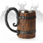 Viking Beer Mug – Double Wall Insulated Wood Style Drinking Cup with Handle
