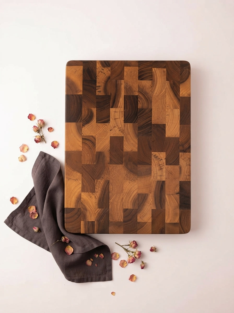 A large wood grain chopping board displayed on a clean white surface with charcoal linen and rose-toned floral decor.