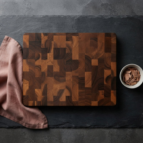 A thick camellia wood chopping board on a charcoal slate surface with a rose napkin and cedarwood chips nearby.