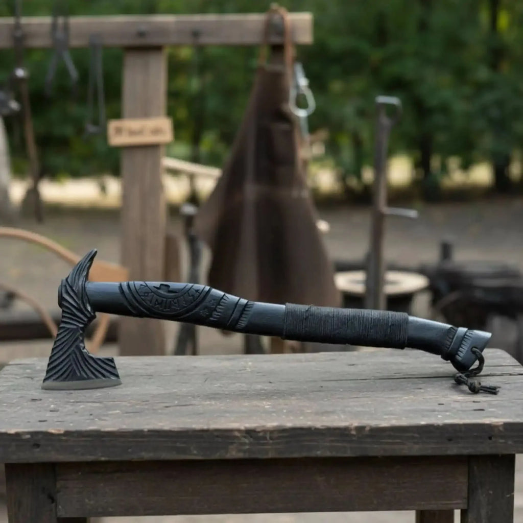 Hand Forged Viking Battle Axe with Carved Black Hardwood Handle